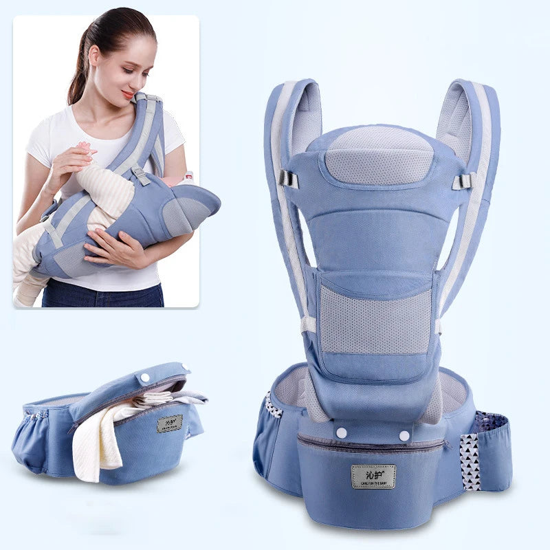 Blue baby carrier with a woman holding a baby in it on a white background