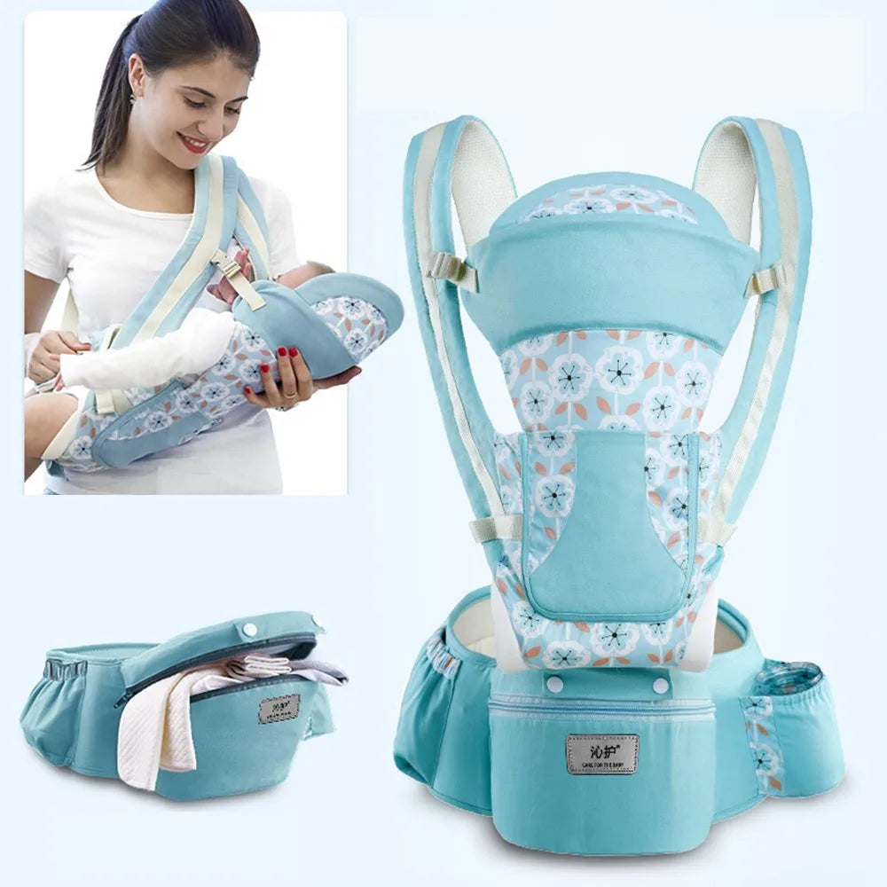 Blue baby carrier with floral pattern, shown with a woman using it and folded flat.