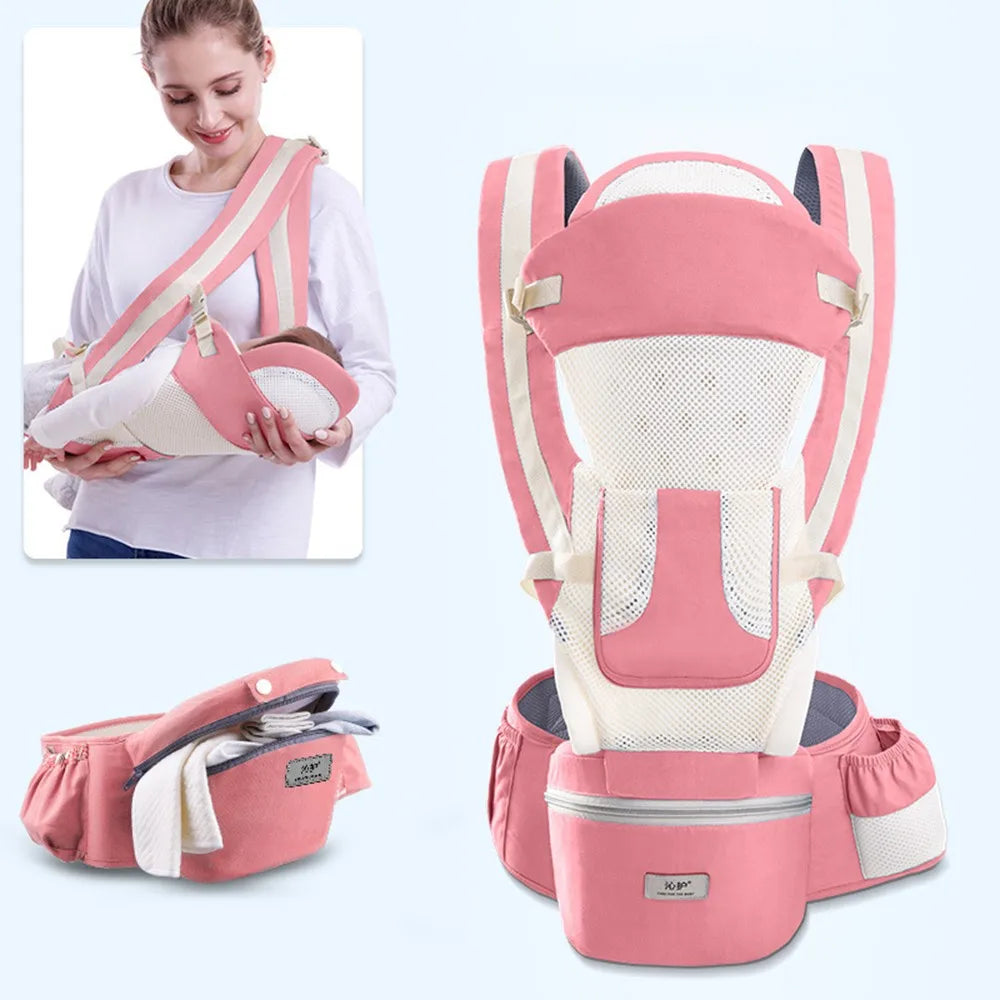 Pink baby carrier with a woman holding a baby, on a light blue background