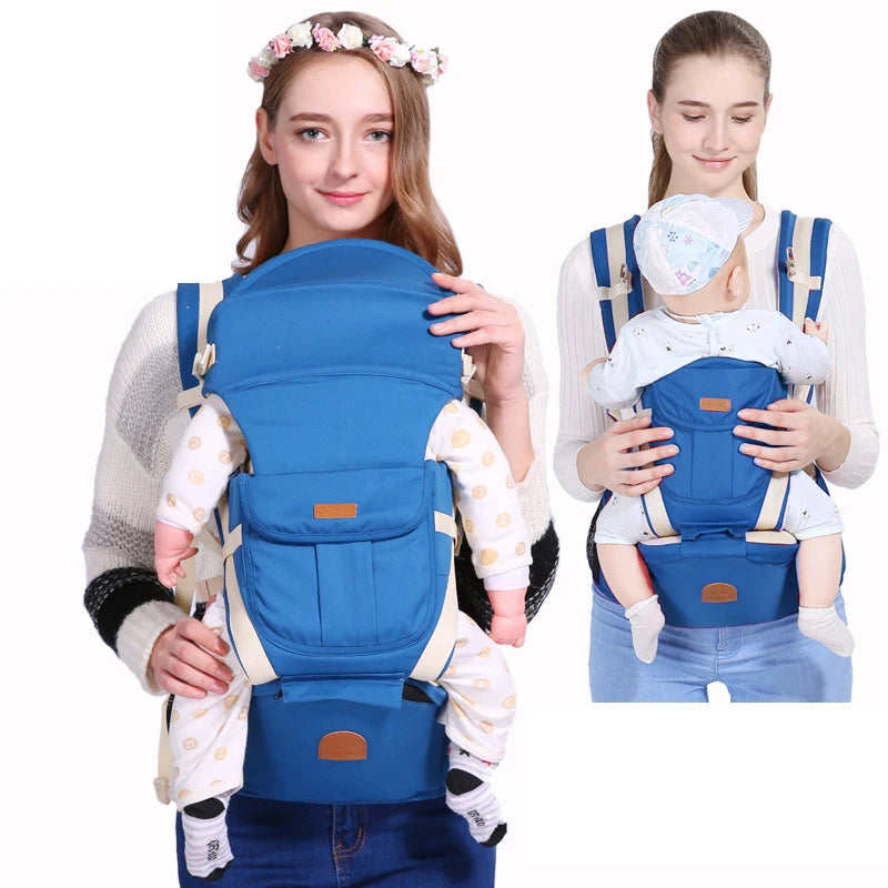 Woman using a blue baby carrier with a baby inside on a white background