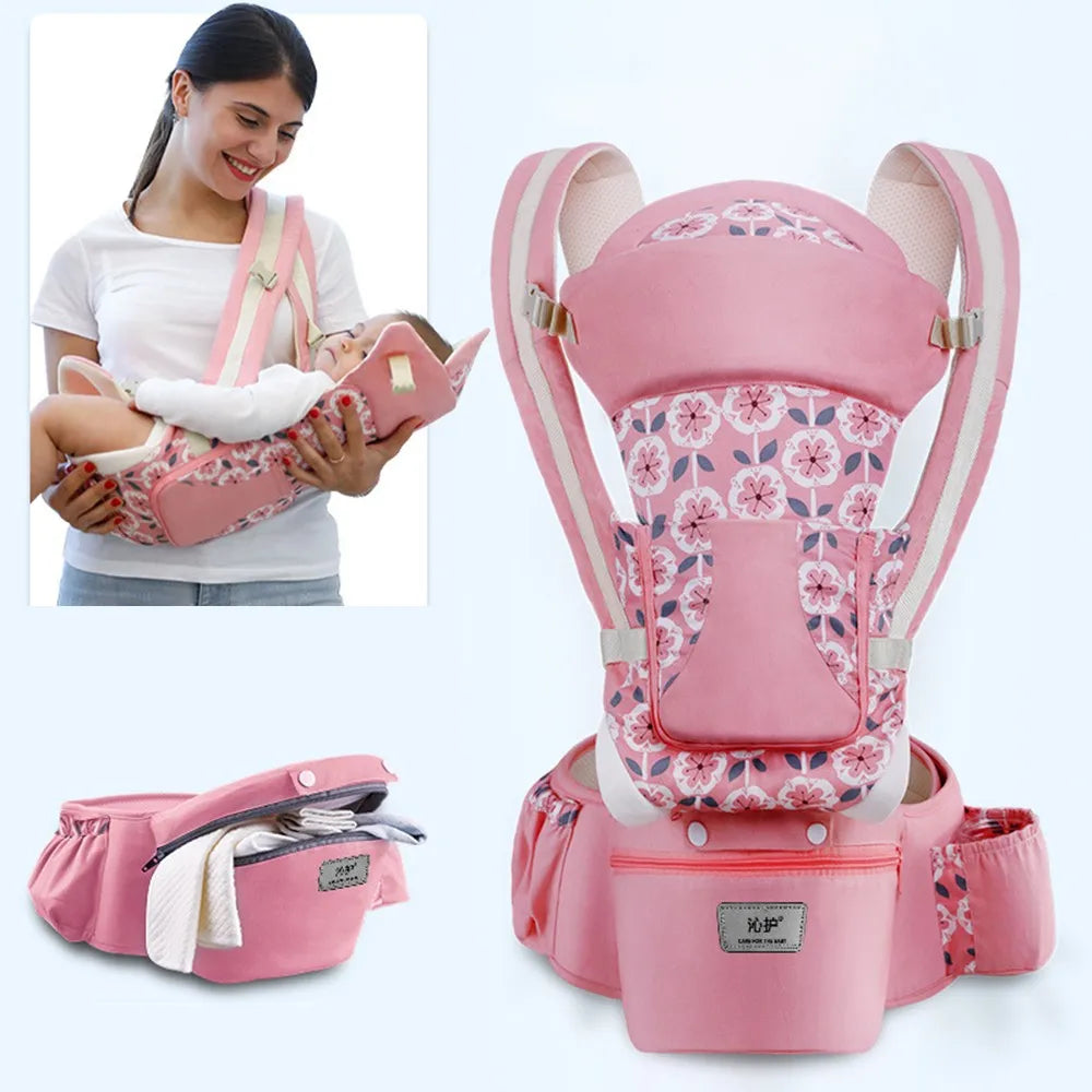 Pink floral baby carrier with a woman holding a baby and the carrier shown from different angles on a white background.