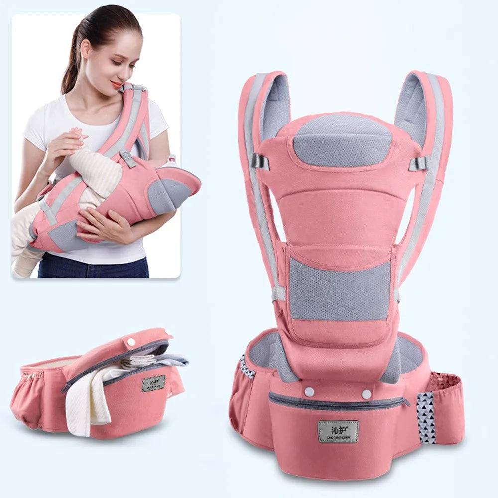 Pink baby carrier with gray accents and a woman using it on a light blue background