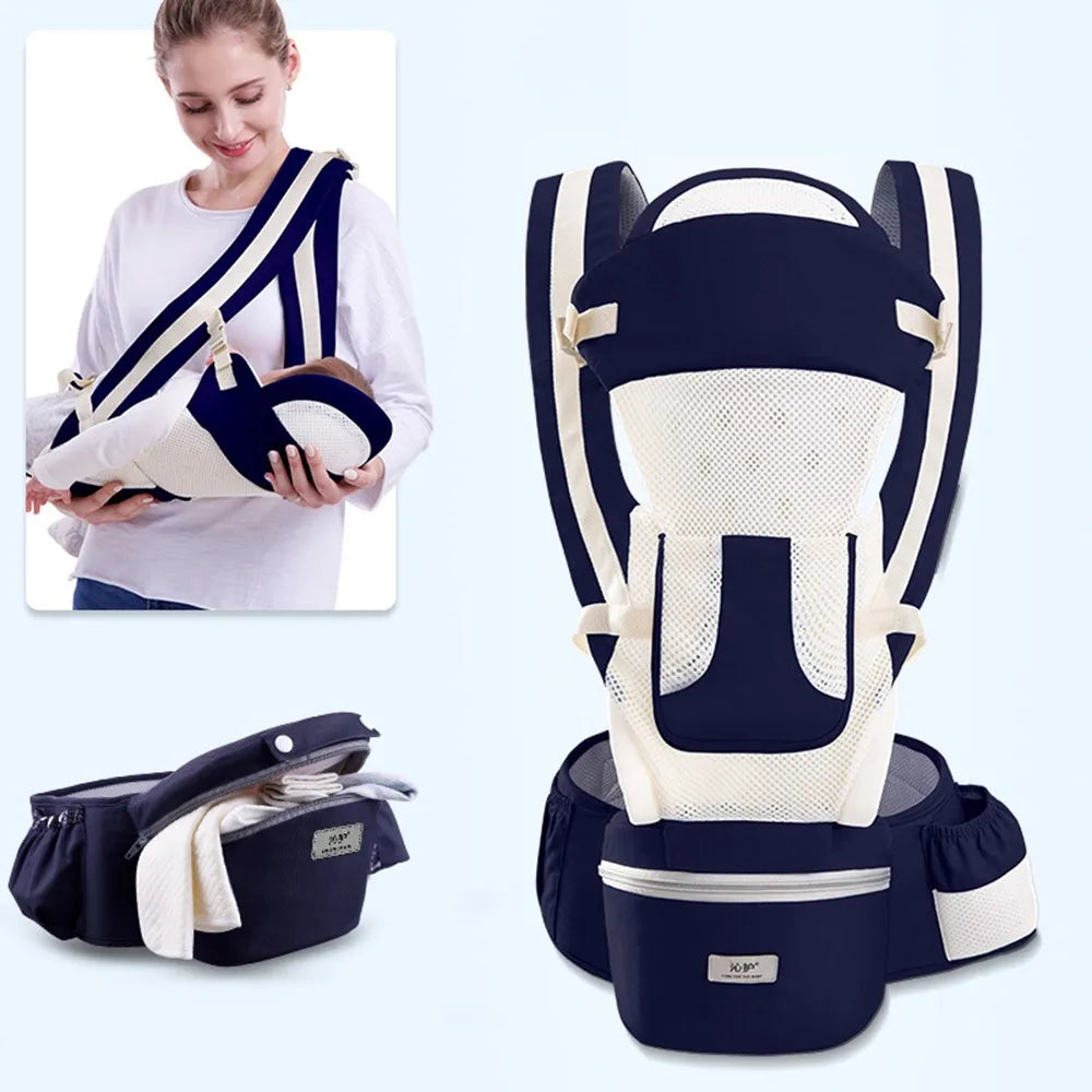 Baby carrier with a woman holding a baby, showing different angles on a white background.