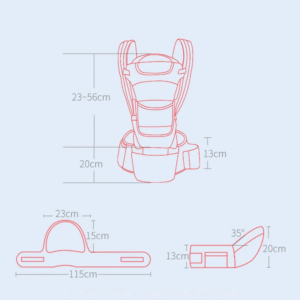 Measurement chart of a baby carrier with dimensions on a light blue background