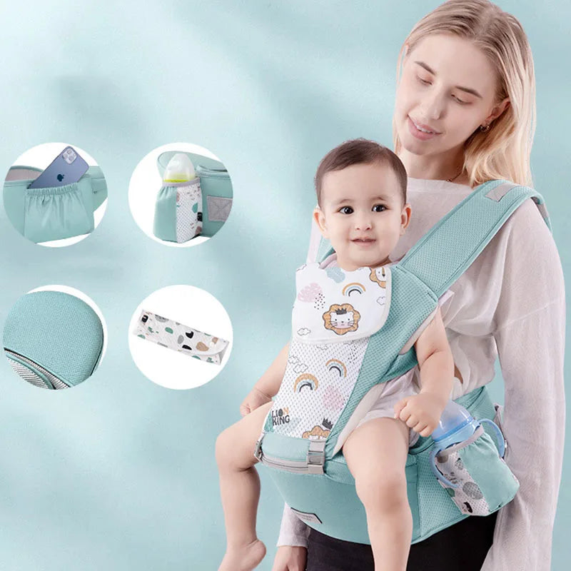 Woman holding a baby in a green baby carrier with product details inset on a light blue background