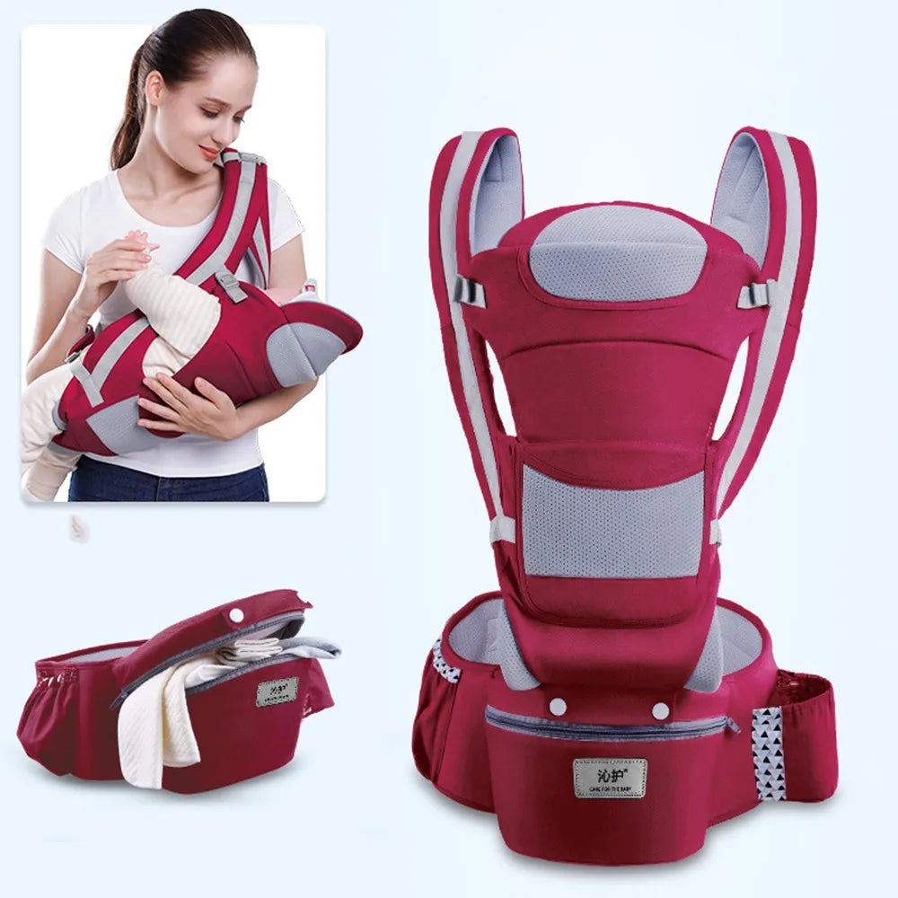 Red baby carrier with a woman using it on a light blue background