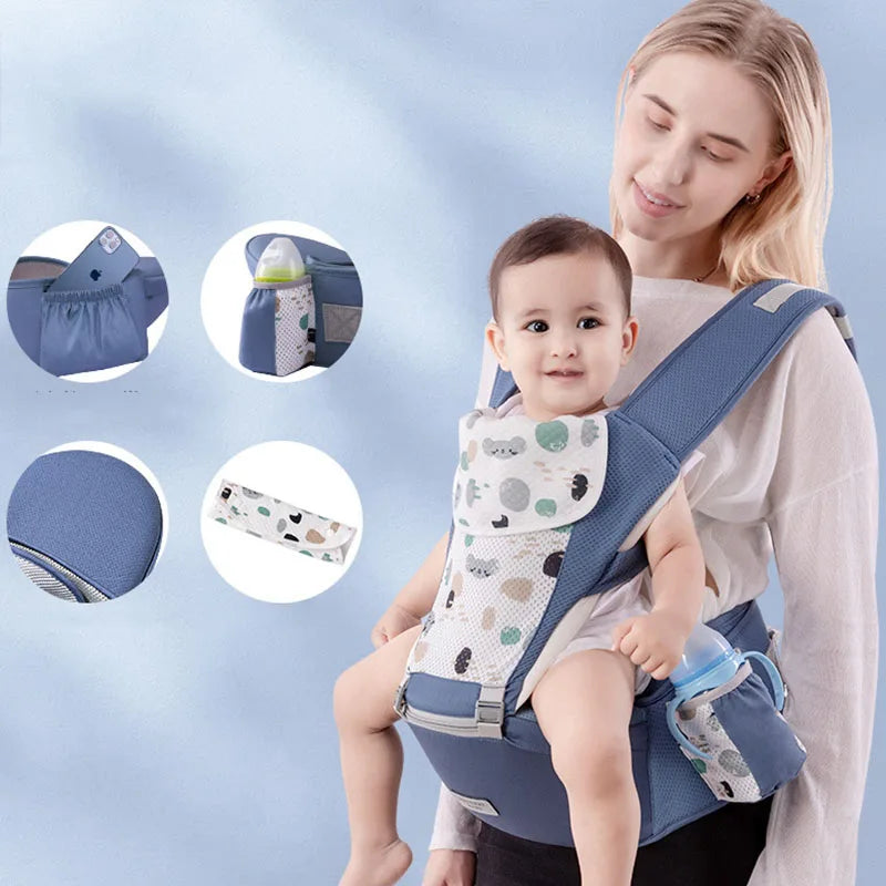 Woman holding a baby in a blue baby carrier with product details inset on a light blue background