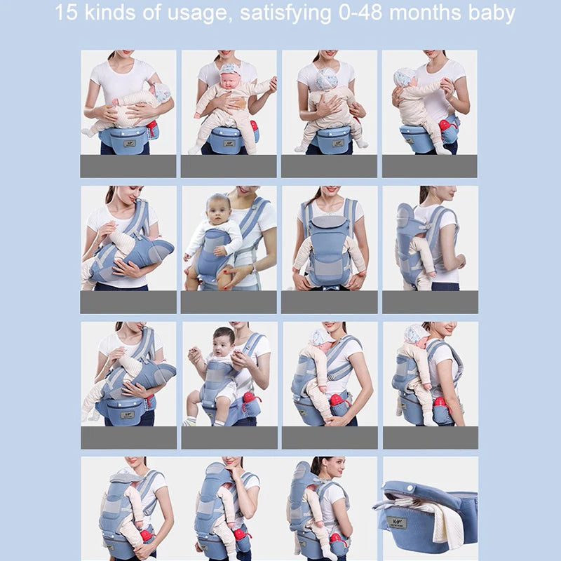 Grid of images showing a baby carrier with various usage scenarios for a baby from 0 to 48 months.