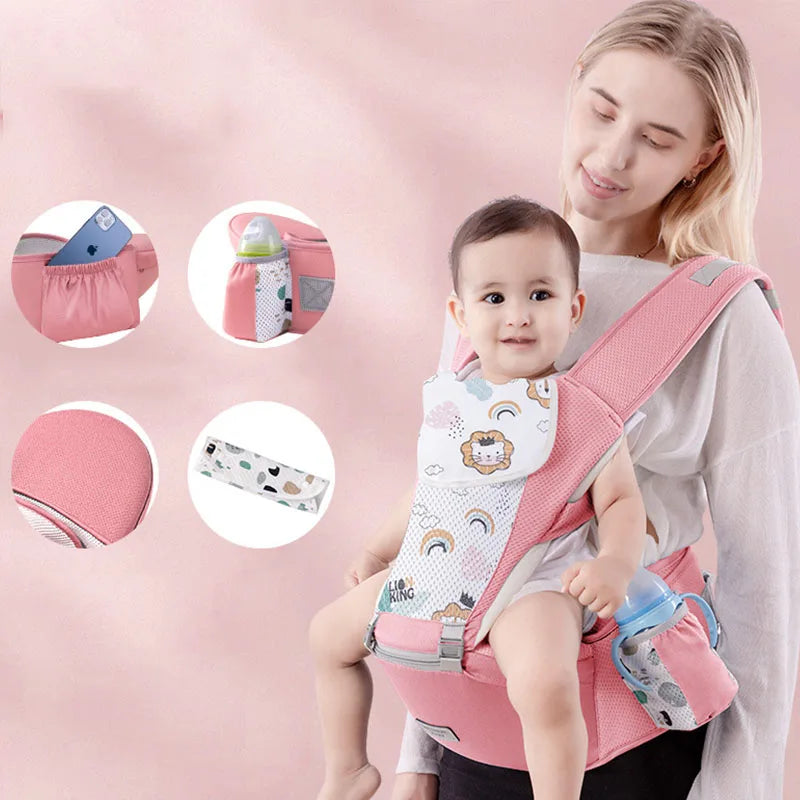 Woman holding a baby in a pink baby carrier with product features inset on a pink background